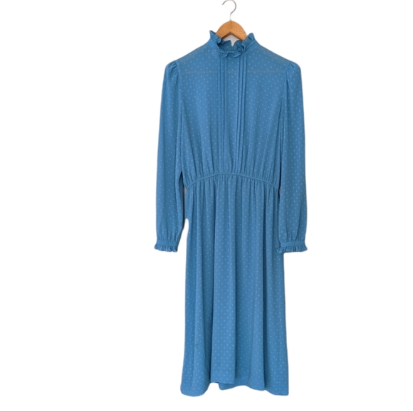 Vintage Blue Cottagecore Maxi Prairie Dress Removable Lace Collar - Picture 4 of 13